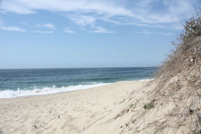 Scenic view of beach against blue sky