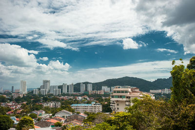 High angle view of buildings against sky