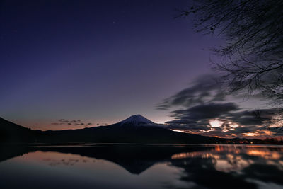 Scenic view of lake and mountains against sky at night