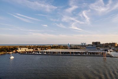 Scenic view of sea and cityscape against sky