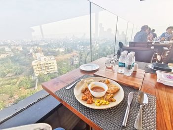 High angle view of breakfast on table at restaurant