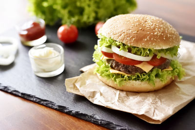 Close-up of burger on table