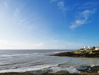 Scenic view of sea against blue sky