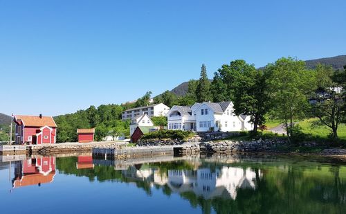 Reflection of trees and buildings in lake against clear blue sky