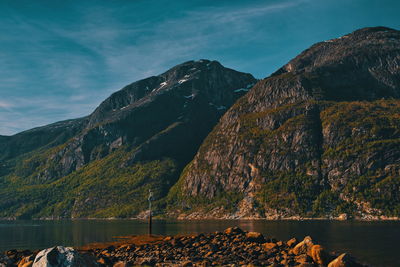 Scenic view of lake by mountains against sky