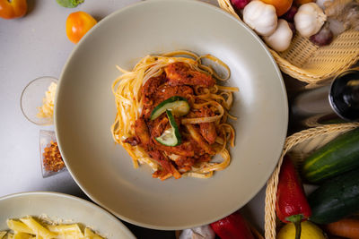 High angle view of food in plate on table
