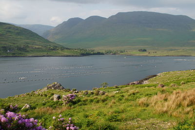 Scenic view of lake and mountains against sky