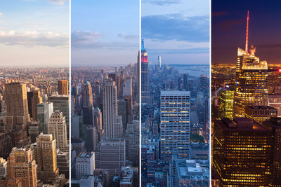 Aerial view of modern buildings in city against sky