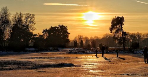 Silhouette trees on snow against sky during sunset