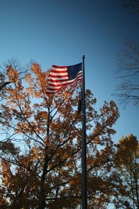 Low angle view of flag against clear blue sky