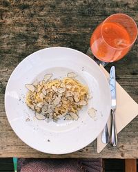 High angle view of breakfast on table