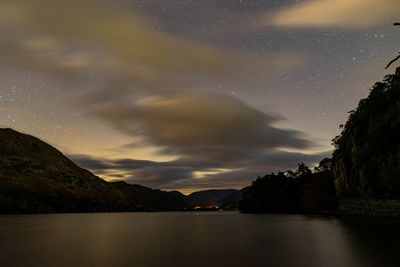 A view of ullswater looking towards glenridding and patterdale on a cloudy night
