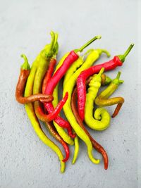 High angle view of chili peppers on table