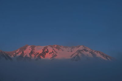 Scenic view of mountains against clear blue sky