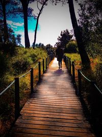 Rear view of man walking on footbridge