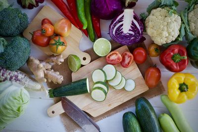 High angle view of chopped vegetables on cutting board