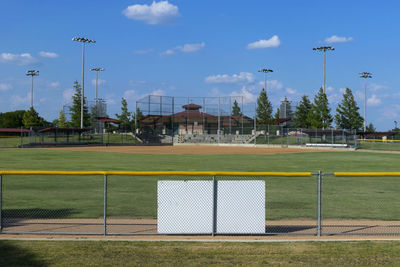 Scenic view of soccer field against sky