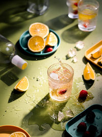 High angle view of infused water in transparant glass