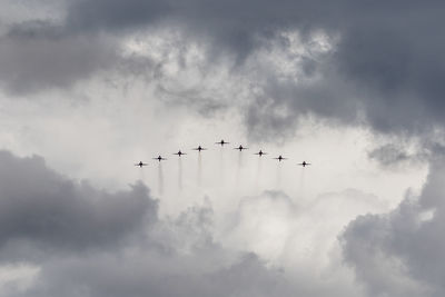 Low angle view of airplane flying against sky