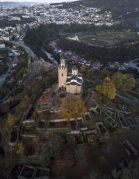 Old bulgarian church in a fortress aerial medieval stronghold veliko tarnovo