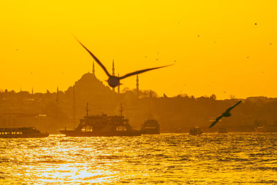 Silhouette cranes by sea against sky during sunset