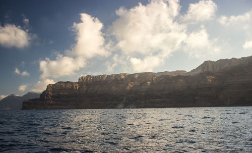 Scenic view of sea and mountains against sky