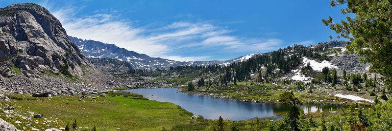 Scenic view of lake and mountains against sky