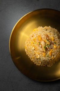 High angle view of food in plate on table