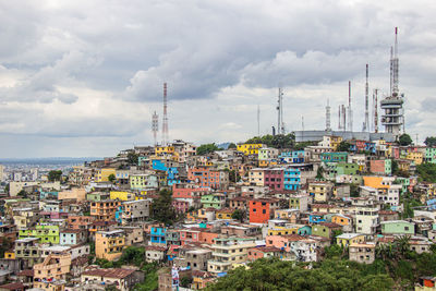 Aerial view of buildings in city against sky