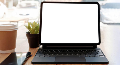 High angle view of laptop on table