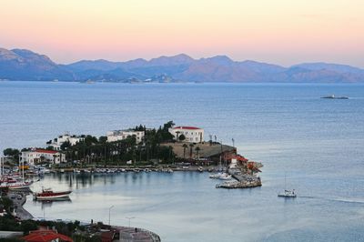 High angle view of sailboats in bay