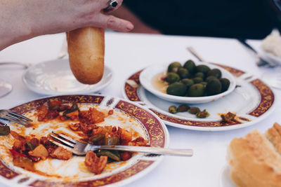 Close-up of food served on table