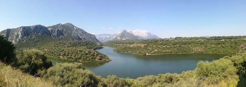 Panoramic view of lake and mountains against clear sky