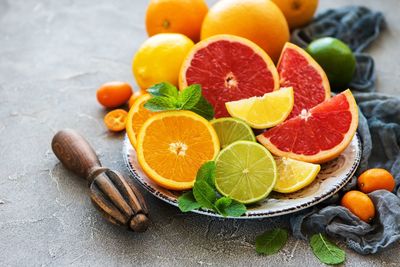 High angle view of fruits on table