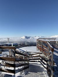 Scenic view of snowcapped mountains against clear blue sky