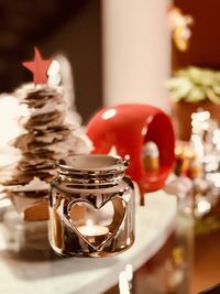 Close-up of christmas decorations on table