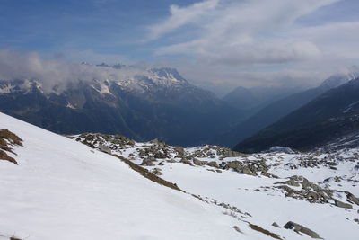 Scenic view of snowcapped mountains against sky