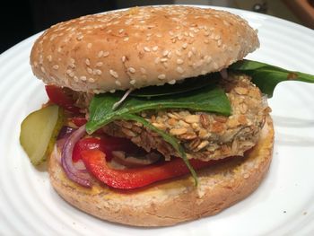 Close-up of burger in plate