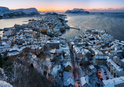 Winter view over Ålesund from fjellstua in snow, norway