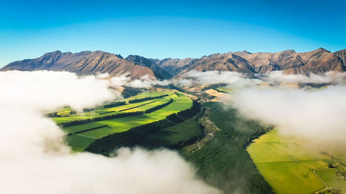 Aerial of the canterbury plains in the south island of new zealand 