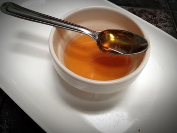 High angle view of ice cream in bowl on table