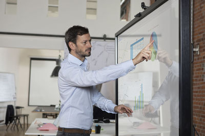 Businessman handling graphs on screen in office