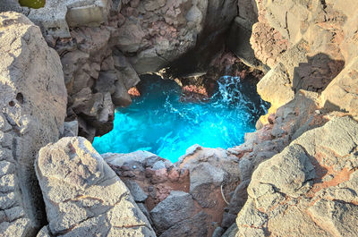 High angle view of rock formations in sea