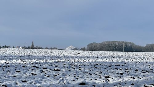 Surface level of snow covered land against sky