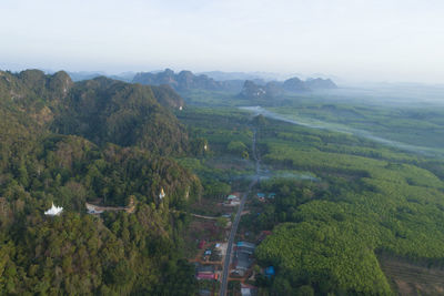 High angle view of trees on landscape against sky