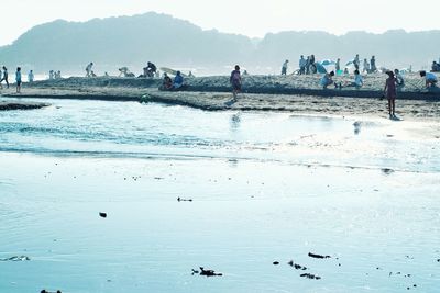 People on beach against clear sky