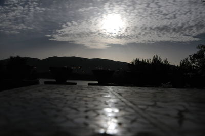 Surface level of wet road against sky during sunset