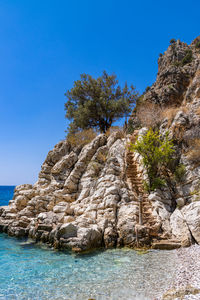 Scenic view of sea against clear blue sky