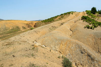 Scenic view of arid landscape against clear sky