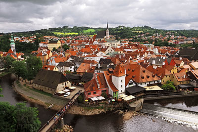 High angle view of townscape and river against sky